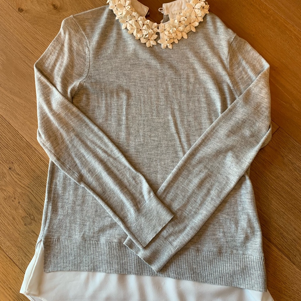 Ted Baker light gray sweater with embellished floral collar